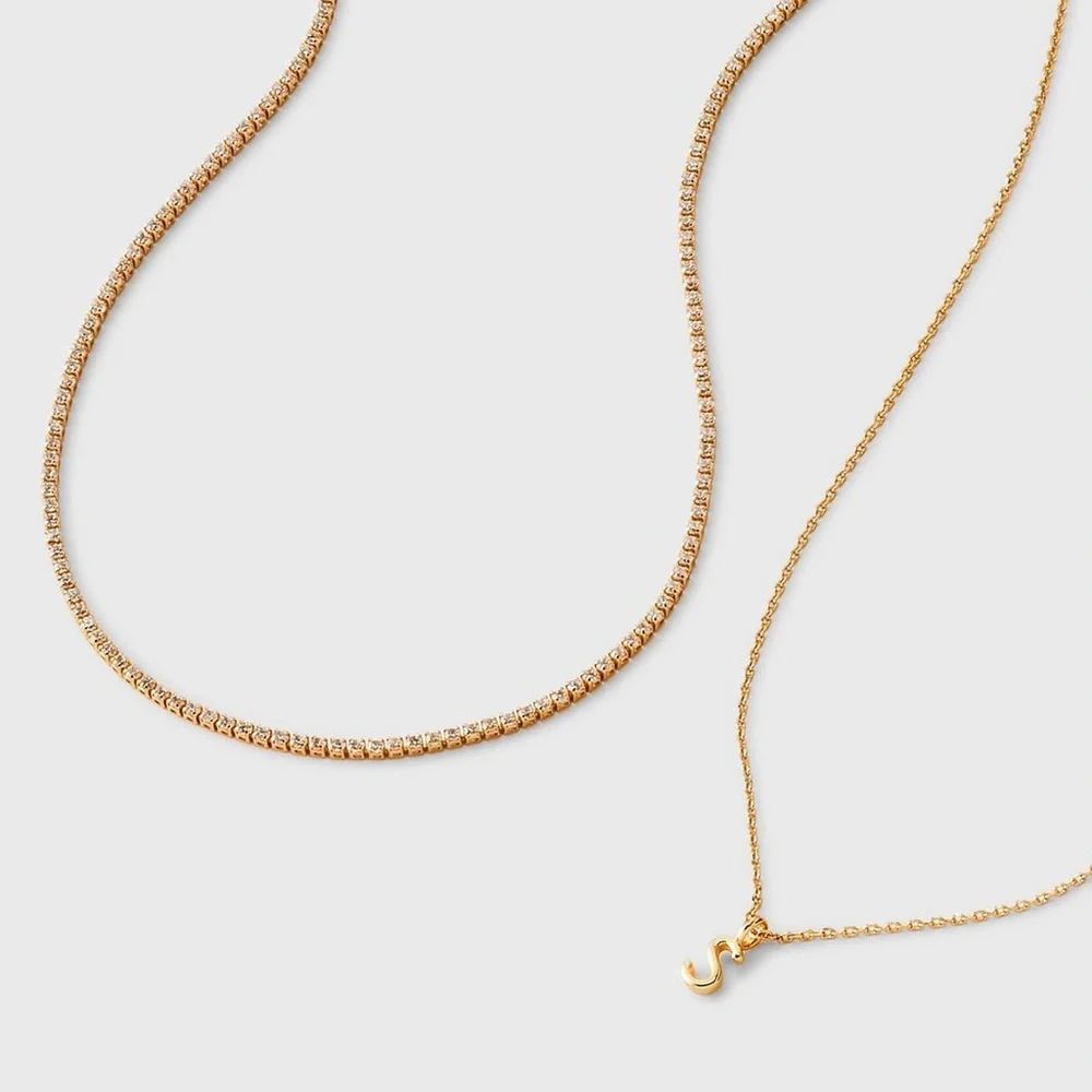🔱 14K Gold Dipped Cubic Zirconia Initial “S” Necklace Set 2pc ⚜️ - Picture 3 of 4